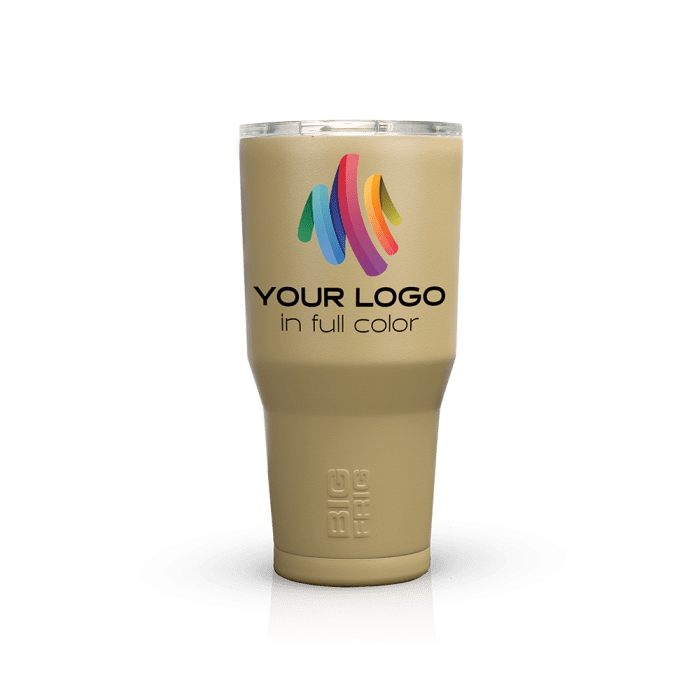 Sand colored tumbler with a colorful logo and the text "your logo in full color" printed on its front.