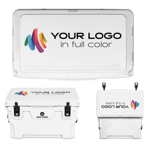 white 45qt cooler shown from different angles with the text "Your Logo in full color" on the lid.